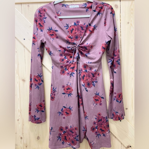Socialite Dresses & Skirts - ❤️‍🔥Socialite Dusty Mauve Vegan Soft Leather Red Floral Butterfly Sleeve Dress